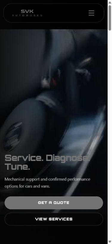 Mobile view of the SVK Autos homepage.