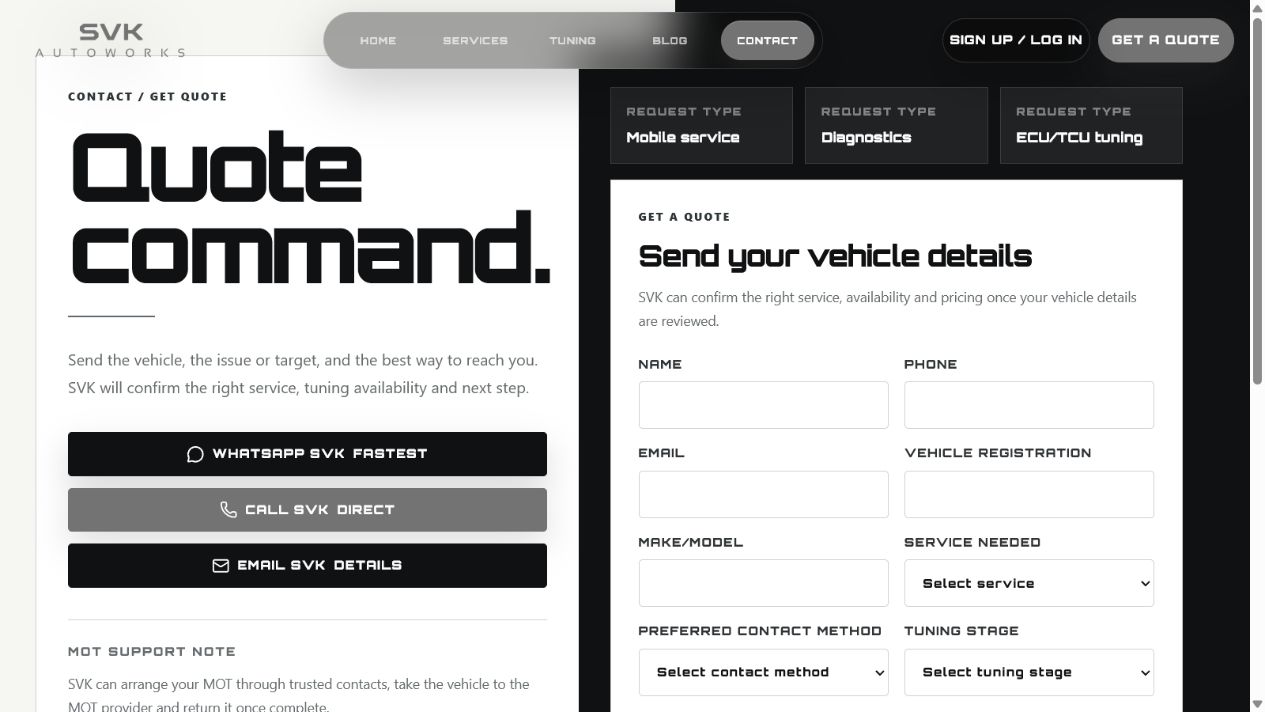 SVK Autos quote request page with service, vehicle and preferred contact fields.