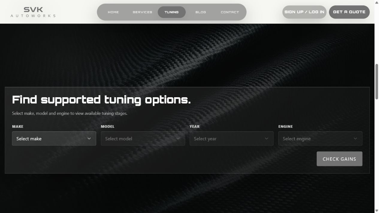 SVK Autos tuning finder with fields for vehicle make, model, year and engine.